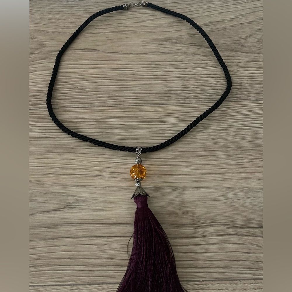 New Beautiful Necklace With Real Amber Center Piece With Silver Accents.